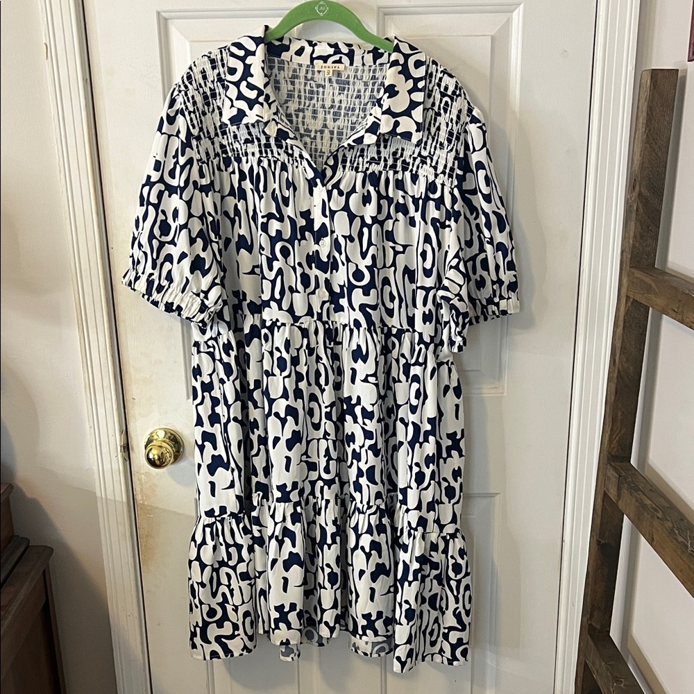 JODIFL Navy and White Printed Tiered Dress